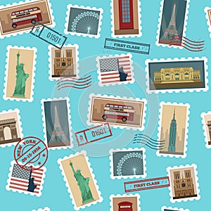 Travel Postage Stamps Seamless Pattern