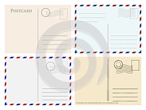 Travel postcard templates. Greetings post cards backside vector set