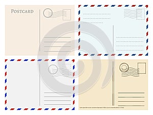 Travel postcard templates. Greetings post cards backside vector set photo