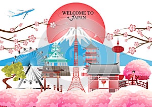 Travel postcard, tour advertising world famous landmarks of Japan - Vector illustration