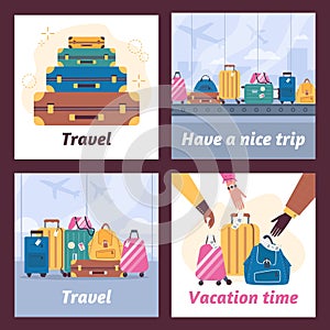 Travel postcards or posters for social media set flat vector illustration.