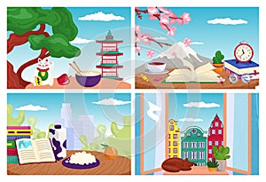 Travel postcards set of vector illustrations of flat design. Travel world landmarks and tourism symbols composition