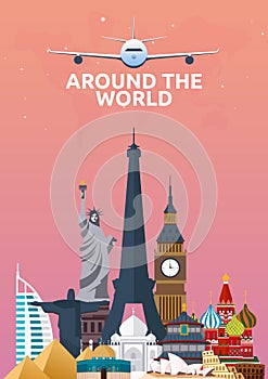 Travel poster. Around the world. Vacation. Trip to country. Travelling illustration. Modern flat.
