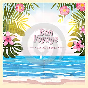 Travel poster concept. Have nice trip - Bon Voyage. Fancy cartoon style. Cute retro vintage tropical flowers. Banner