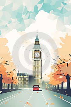 Travel poster with famous Big Ben, London. Ai generated image