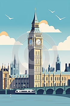 Travel poster with famous Big Ben, London. Ai generated image