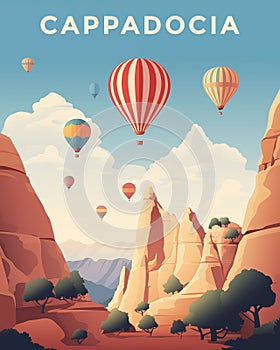Travel poster with famous famous rocks of Cappadocia, Turkey and hot air balloons. Ai generated image