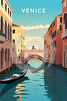 Travel poster with famous Venice canals, old buildings and gondolas.