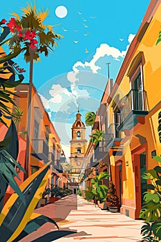 Travel poster of Palermo Sicily with building facades, palms and cathedral.