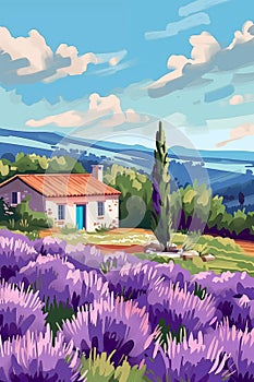 Travel poster of Provence, France with little cottage, lavender and picturesque view