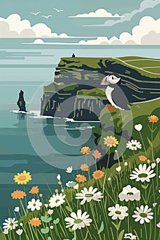 Travel poster with puffin bird and spectacular view at cliffs of Moher, Ireland.