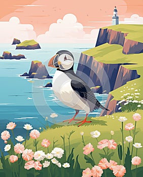 Travel poster with puffin bird and spectacular view at cliffs of Moher, Ireland.