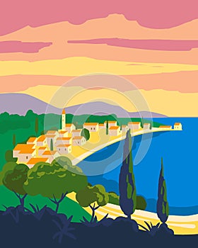 Travel poster retro old city Mediterranean sea vacation Europe. Holiday summer voyage seaside sunset. Vintage style