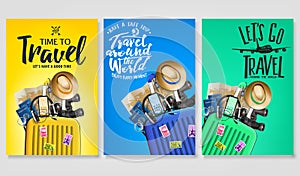 Travel Poster Set Template with Traveling Bag and Message Logo Text in Gradient Background photo