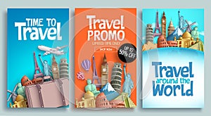 Travel poster set vector template design with promo text