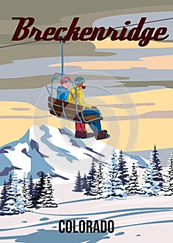 Travel poster Ski Breckenridge resort vintage. America winter landscape travel card