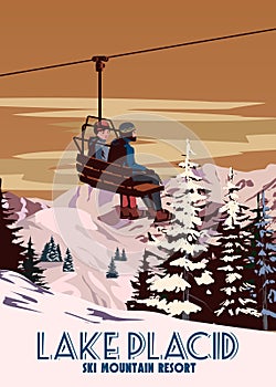 Travel poster Ski Lake Placid resort vintage. America winter landscape travel card