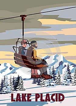 Travel poster Ski Lake Placid resort vintage. America winter landscape travel card