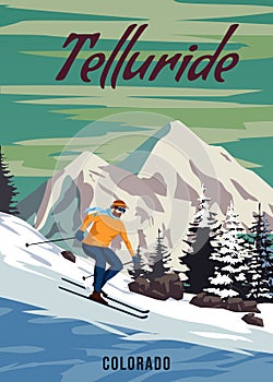 Travel poster Ski Telluride resort vintage. America winter landscape travel card