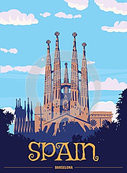 Travel Poster Spain, Barcelona Vintage. Sagrada Familia Gaudi Basilica of Spain, sunset sky. Vector illustration photo