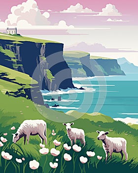 Travel poster with spectacular view at cliffs of Moher, Ireland. Ai generated image