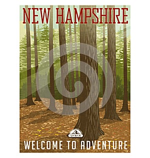 Travel poster or sticker. United States, New Hampshire forest.