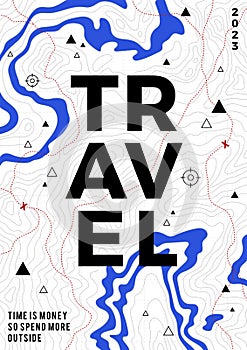 Travel poster of topographic line map. Vector line pattern of geographic map countour. Outline pattern with points