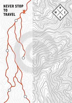 Travel poster of topographic line map. Vector line pattern of wood rings countour. Outline pattern for outdoor concept