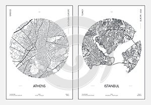 Travel poster, urban street plan city map Athens and Istanbul, vector illustration