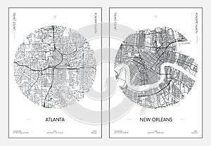 Travel poster, urban street plan city map Atlanta and New Orleans, vector illustration