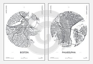 Travel poster, urban street plan city map Boston and Philadelphia, vector illustration