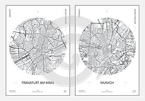 Travel poster, urban street plan city map Frankfurt am Main and Munich, vector illustration