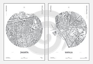 Travel poster, urban street plan city map Jakarta and Manila, vector illustration