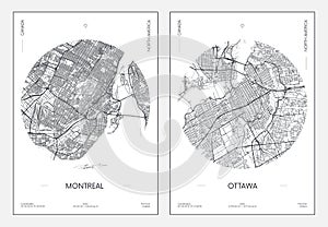 Travel poster, urban street plan city map Montreal and Ottawa, vector illustration