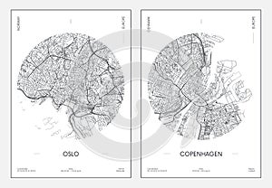 Travel poster, urban street plan city map Oslo and Copenhagen, vector illustration