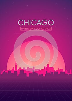 Travel poster vectors illustrations, Futuristic retro skyline Chicago