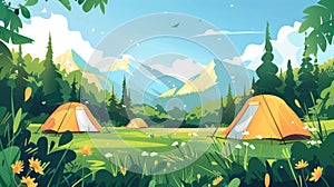 Travel posters illustrations for camping, hiking, and backpacking. Outdoor adventure, trip, advertising card and banner