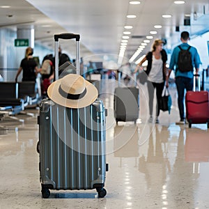 Travel Preparations Luggage and Hat in Busy Airport Terminal