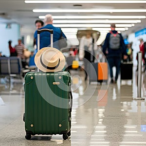 Travel Preparations Luggage and Hat in Busy Airport Terminal