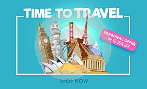Travel promo banner with discount. Time to travel inspirational promo poster. Vector illustration