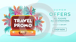 Travel promo banner. Vacation poster design. Travelling and tourism web banner concept. Summer background with Tropical leaves and