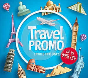 Travel promo vector banner promotion design with tourist destinations photo