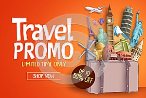Travel promo vector banner template with world`s famous tourist landmarks