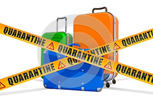 Travel quarantine concept. Baggage with caution barrier tapes, 3D rendering