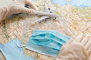 Travel quarantine restrictions and personal virus protection theme.