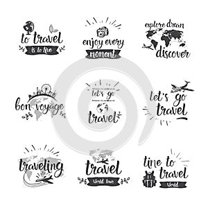 Travel Quotes Icon Set Hand Drawn Lettering Tourism And Adventure Concept