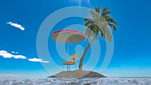 Travel. Recreation concept. Tropical island in the middle of the ocean with palm trees, deck chair and suitcase. 3d