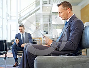 Travel, relax and tablet with businessman in airport lobby for networking, search and communication. Contact, email and