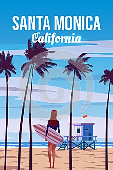 Travel retro poster California Santa Monica Beach vector