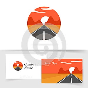 Travel road path way valley logo with desert sunrise and mountains landscape in circle shaped round logotype and business card